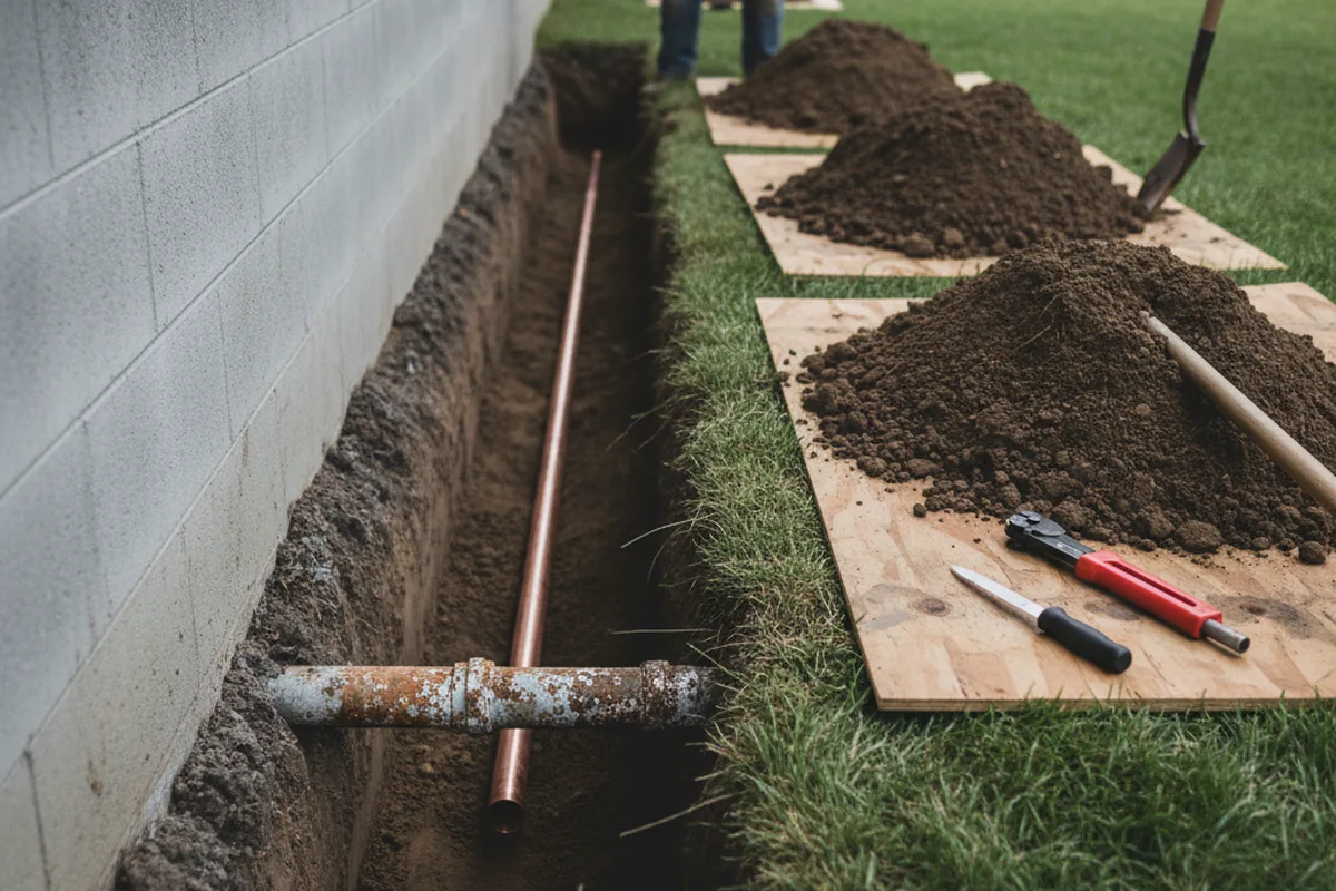 Excavated water line trench during Sewer Line Repair in Peachtree City
